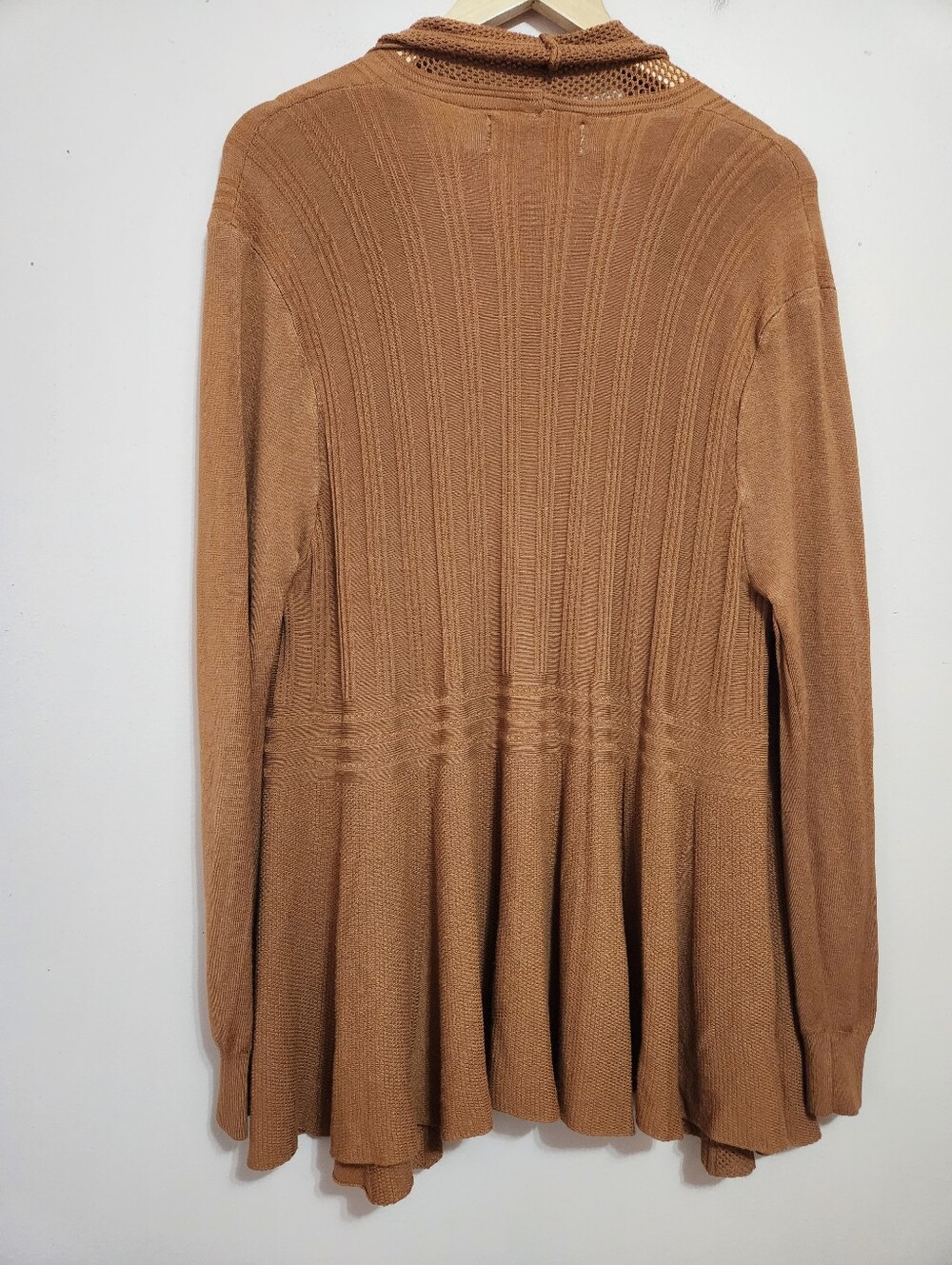 Cherie Bliss Camel Ribbed Peplum Open Front Cardigan Pointelle Crochet Trim M/L - Picture 4 of 7